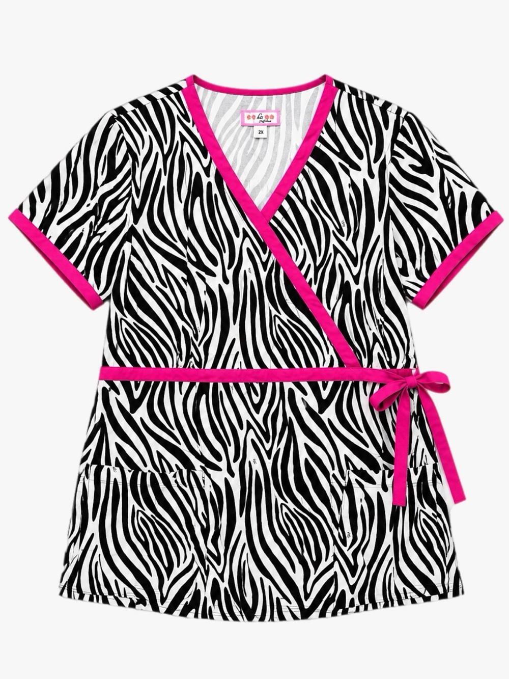 Koi Plus Size 2X Zebra Print Scrub Top Pink Trim Wrap Style Nursing Medical